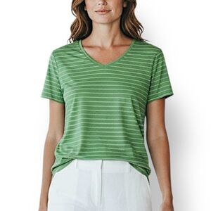 4/$20 Karen Scott Sport Green Striped V-Neck Short Sleeve Tee Medium